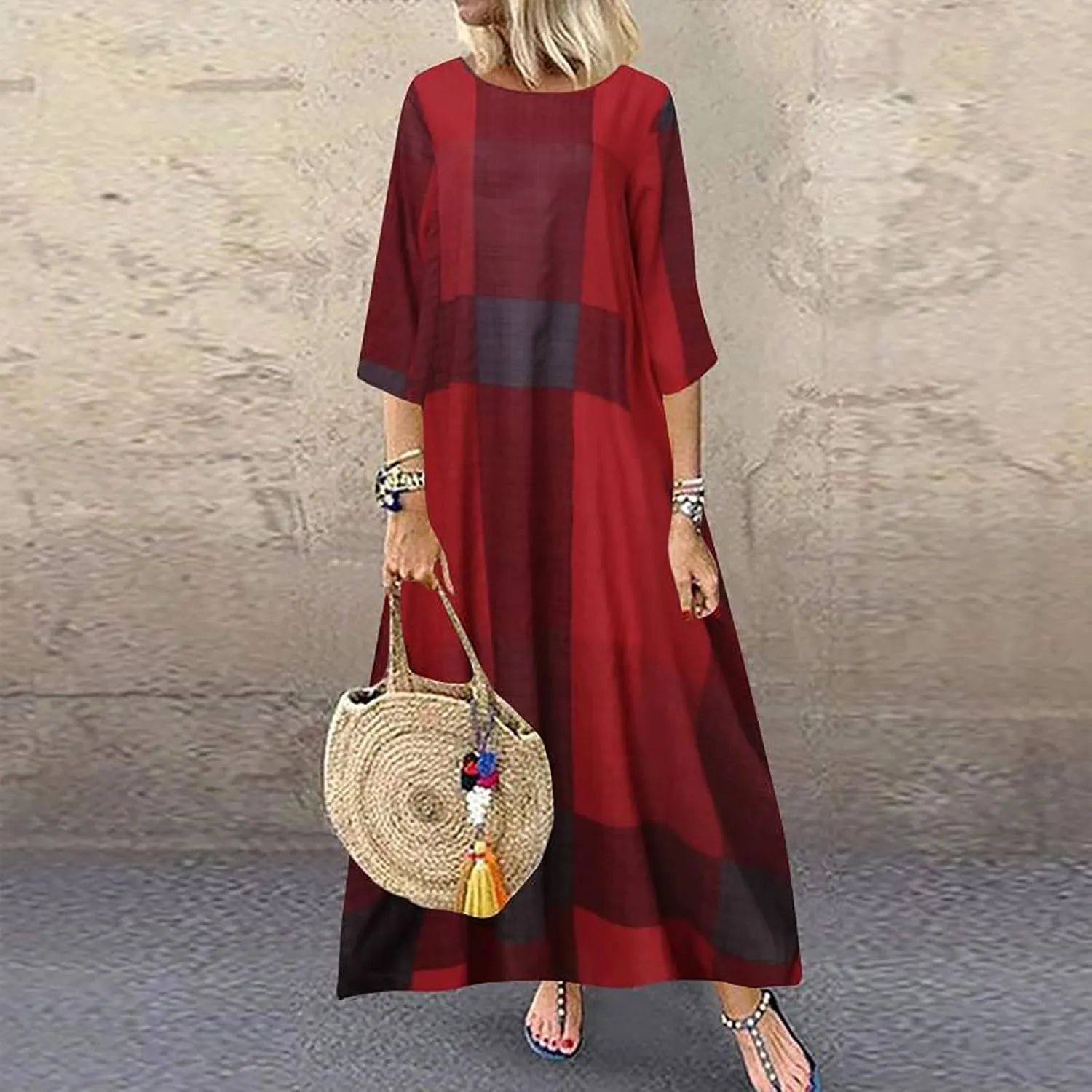 Spring Dresses for Women 2024 Casual 3/4 Sleeve Plus Size Maxi Dress A Line Shirt Flowy Swing Beach Vacation Long Sundress
