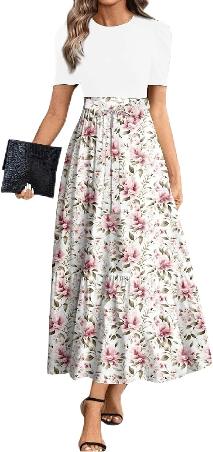 Spring Dresses for Women 2025 Women's Casual Short Sleeves Maxi Dress with High Waist Perfect for Parties and Weddings