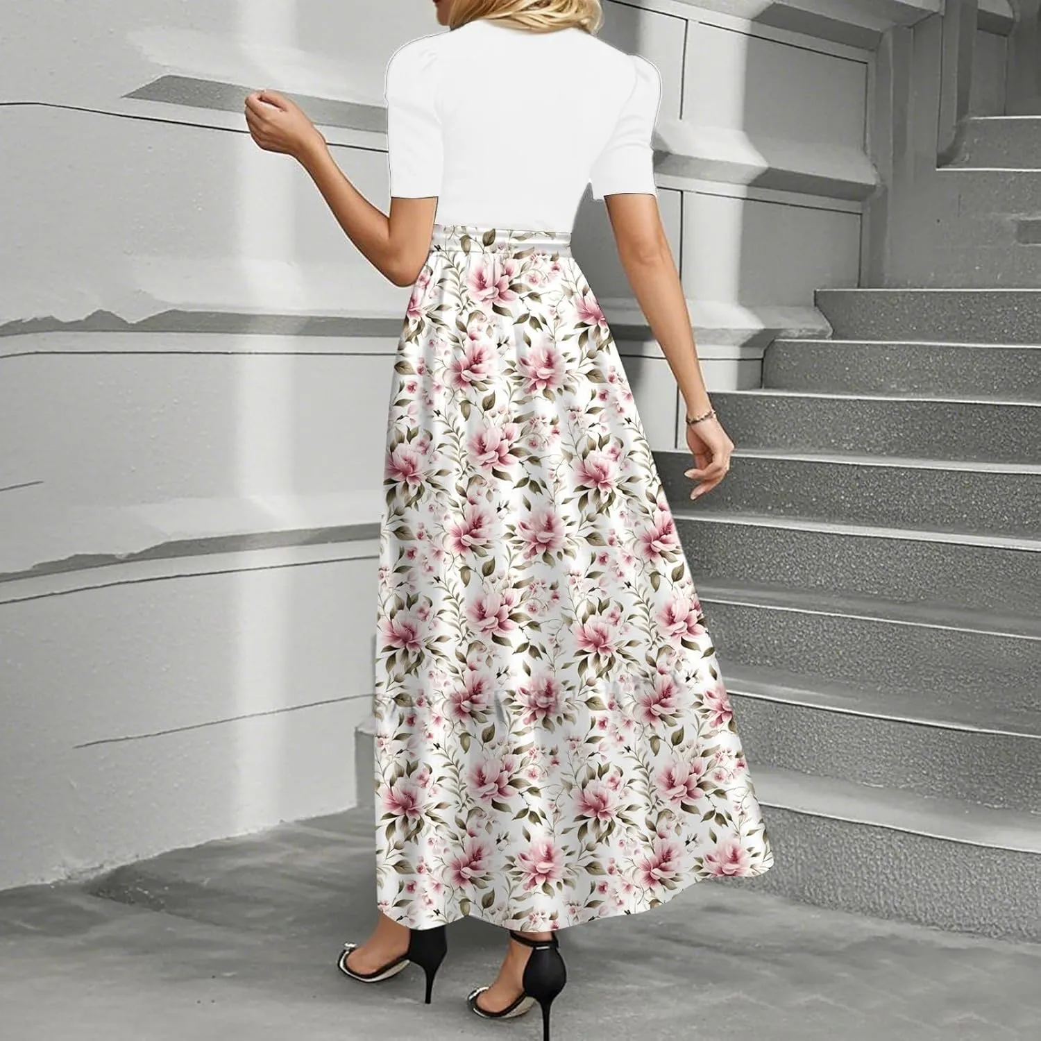 Spring Dresses for Women 2025 Women's Casual Short Sleeves Maxi Dress with High Waist Perfect for Parties and Weddings