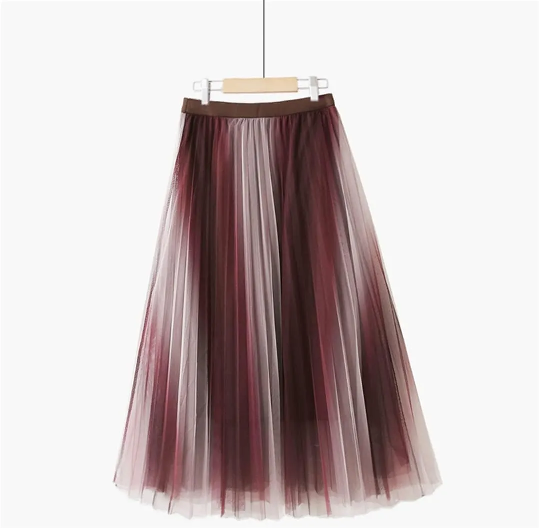 Spring Summer Gradient Mesh Tulle Midi Skirt for Women High Waist 3 Layers Pleated A-Line Skirt