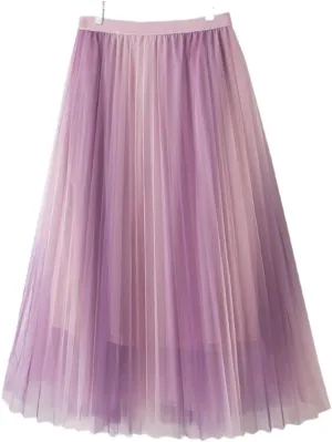 Spring Summer Gradient Mesh Tulle Midi Skirt for Women High Waist 3 Layers Pleated A-Line Skirt