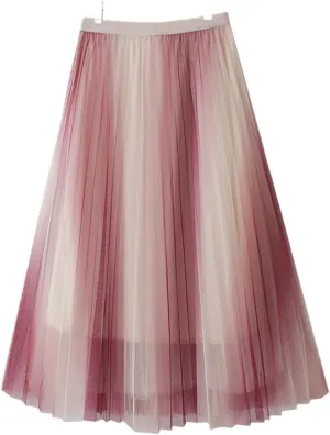 Spring Summer Gradient Mesh Tulle Midi Skirt for Women High Waist 3 Layers Pleated A-Line Skirt