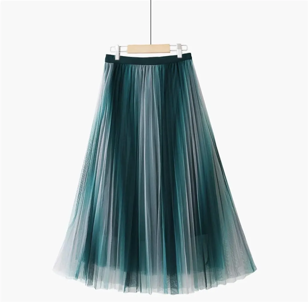 Spring Summer Gradient Mesh Tulle Midi Skirt for Women High Waist 3 Layers Pleated A-Line Skirt