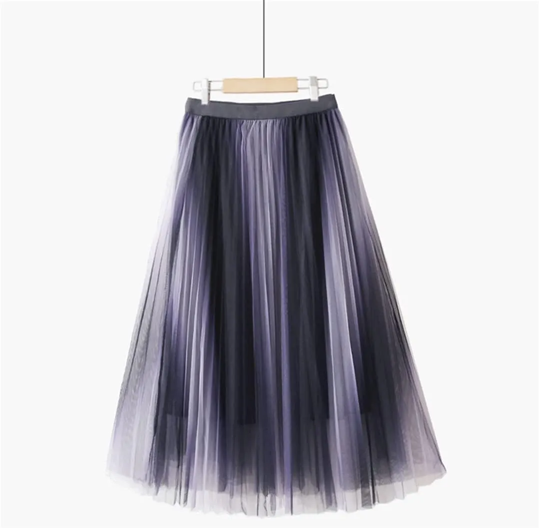 Spring Summer Gradient Mesh Tulle Midi Skirt for Women High Waist 3 Layers Pleated A-Line Skirt