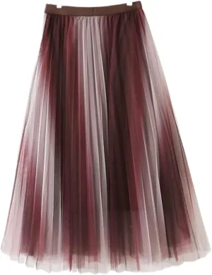 Spring Summer Gradient Mesh Tulle Midi Skirt for Women High Waist 3 Layers Pleated A-Line Skirt