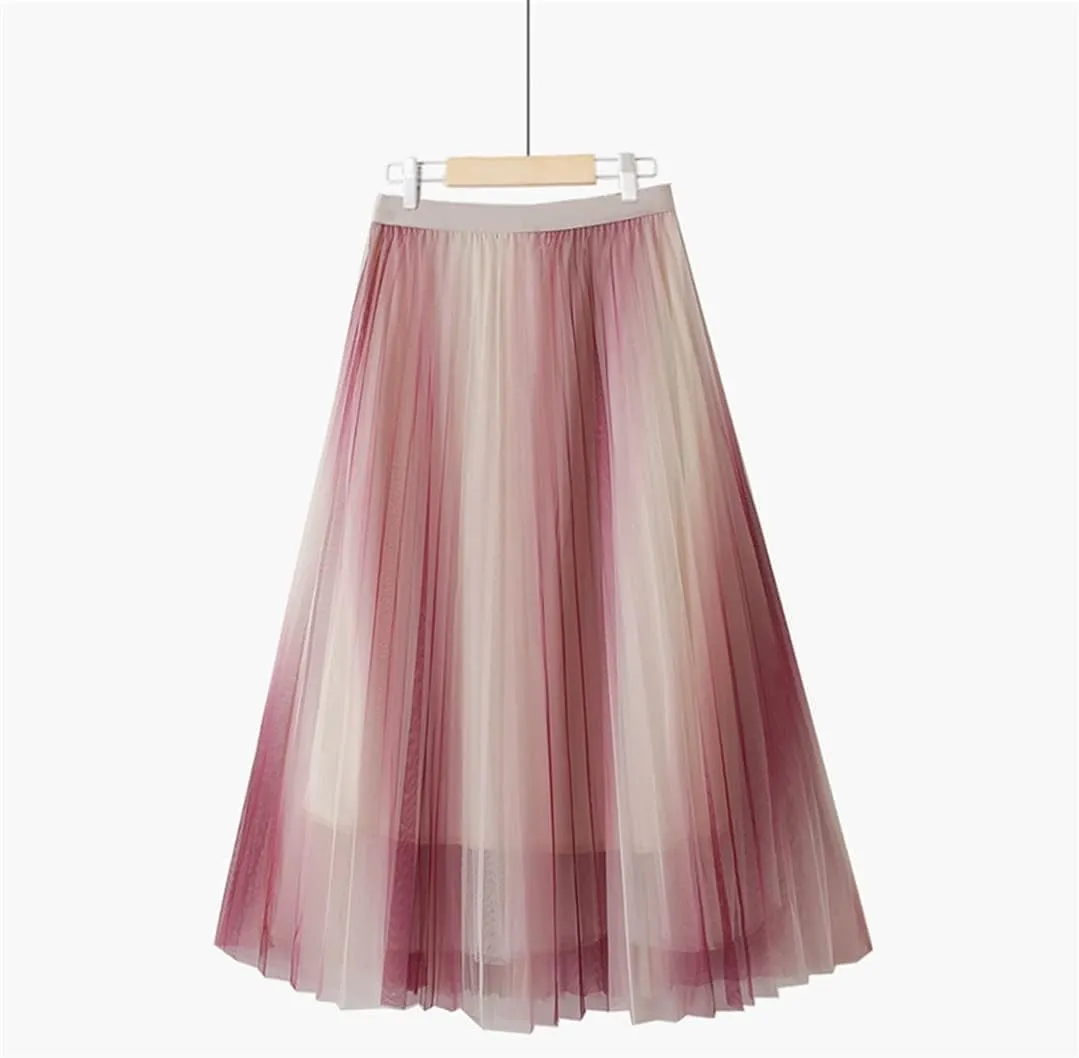 Spring Summer Gradient Mesh Tulle Midi Skirt for Women High Waist 3 Layers Pleated A-Line Skirt