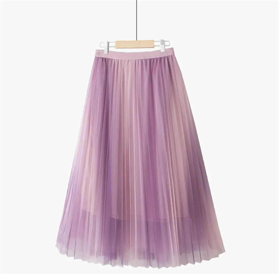 Spring Summer Gradient Mesh Tulle Midi Skirt for Women High Waist 3 Layers Pleated A-Line Skirt