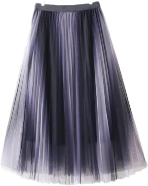 Spring Summer Gradient Mesh Tulle Midi Skirt for Women High Waist 3 Layers Pleated A-Line Skirt