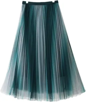 Spring Summer Gradient Mesh Tulle Midi Skirt for Women High Waist 3 Layers Pleated A-Line Skirt