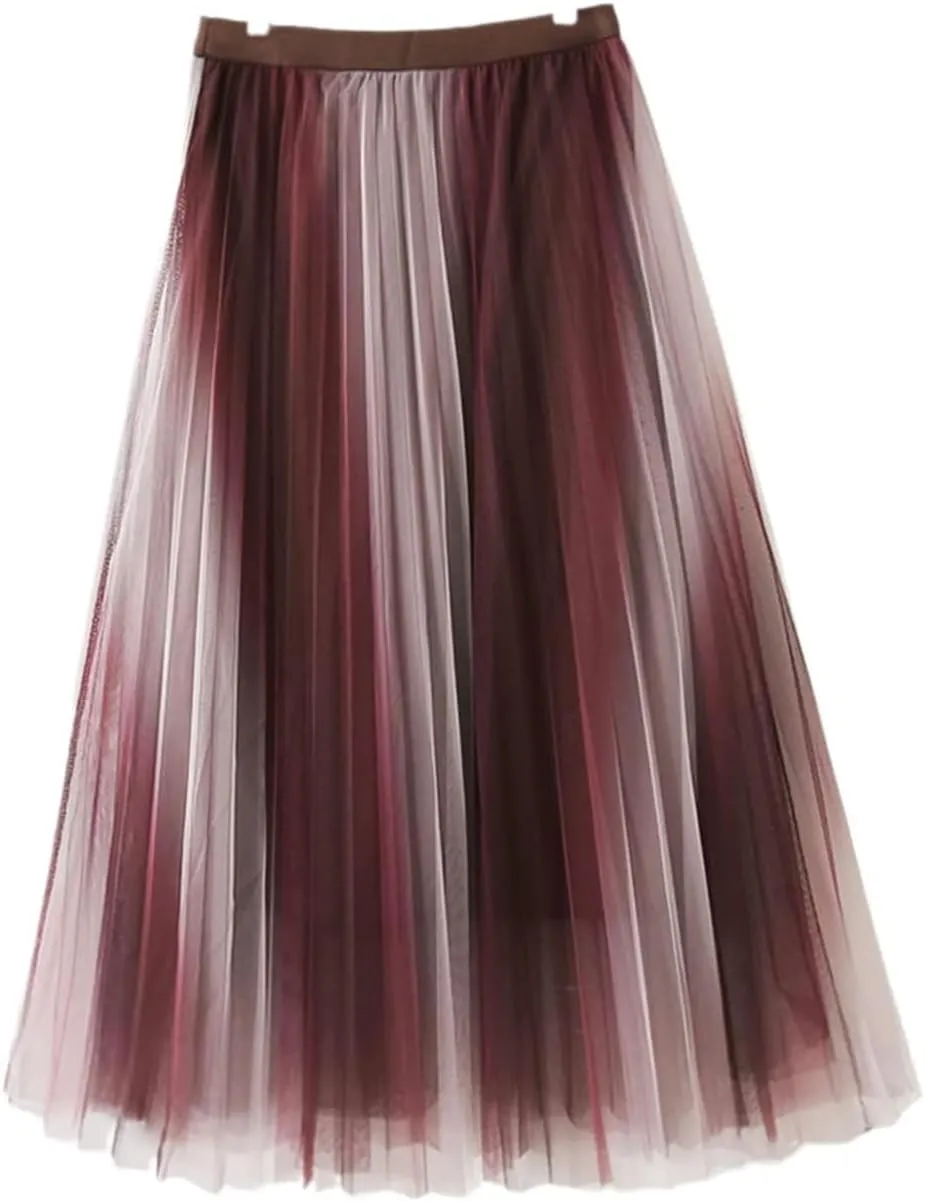 Spring Summer Gradient Mesh Tulle Midi Skirt for Women High Waist 3 Layers Pleated A-Line Skirt