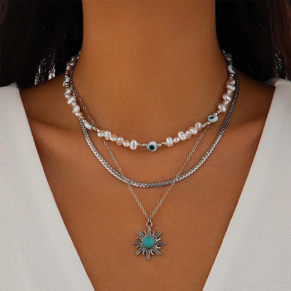 Stackable Evil Eye Pearl Pendant Necklaces Set for Women Layered Gold Turquoise Sun Choker Necklaces Chunky Chain Link Necklaces Halloween Jewelry