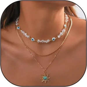 Stackable Evil Eye Pearl Pendant Necklaces Set for Women Layered Gold Turquoise Sun Choker Necklaces Chunky Chain Link Necklaces Halloween Jewelry