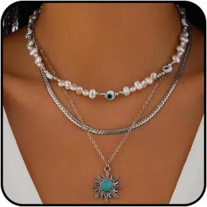 Stackable Evil Eye Pearl Pendant Necklaces Set for Women Layered Gold Turquoise Sun Choker Necklaces Chunky Chain Link Necklaces Halloween Jewelry
