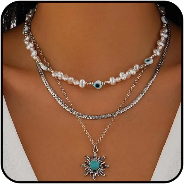 Stackable Evil Eye Pearl Pendant Necklaces Set for Women Layered Gold Turquoise Sun Choker Necklaces Chunky Chain Link Necklaces Halloween Jewelry