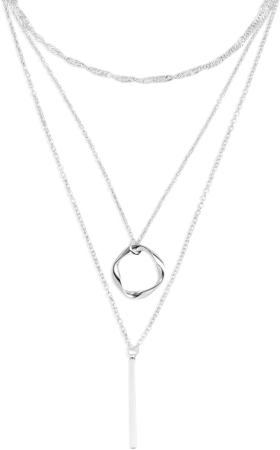Stacked Silver Necklaces, Stylish Stackable Silver Necklaces Fashion Jewelry Set Gifts Dainty Silver Necklace Stacks Simple Tiered Necklaces for Women Teen Girls