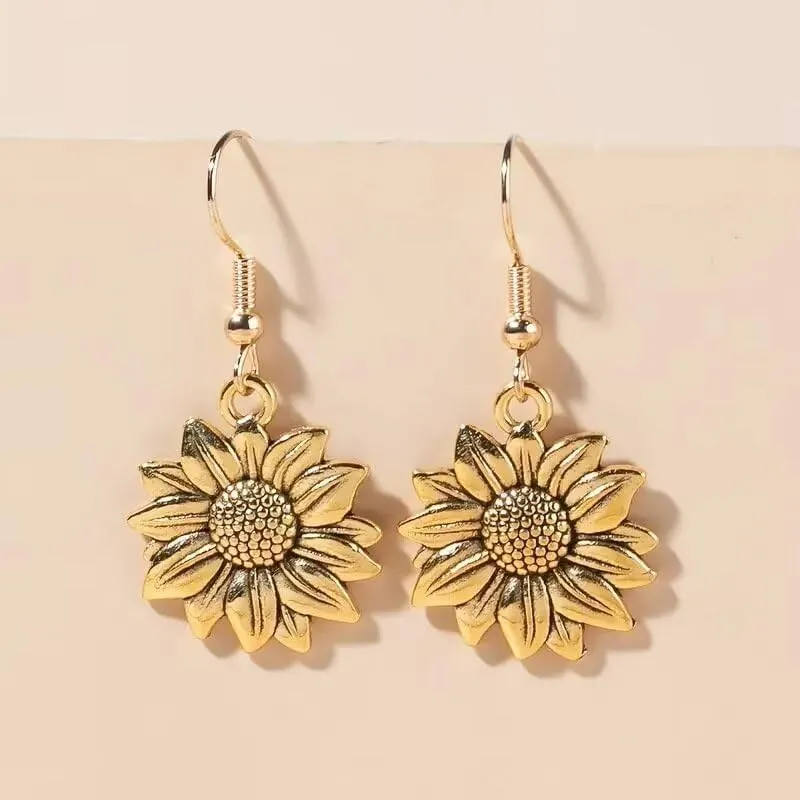 Sterling Silver Sunflower Earrings - Minimalist Metallic Hook Elegant Floral Dangle EarringsGold