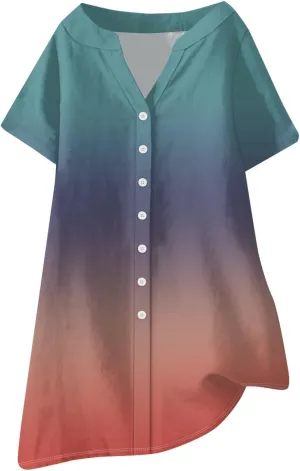 Summer Beach Sundress Women's Gradient Color Dress V Neck Short Sleeve Button Down Top Mini T Shirt Dresses