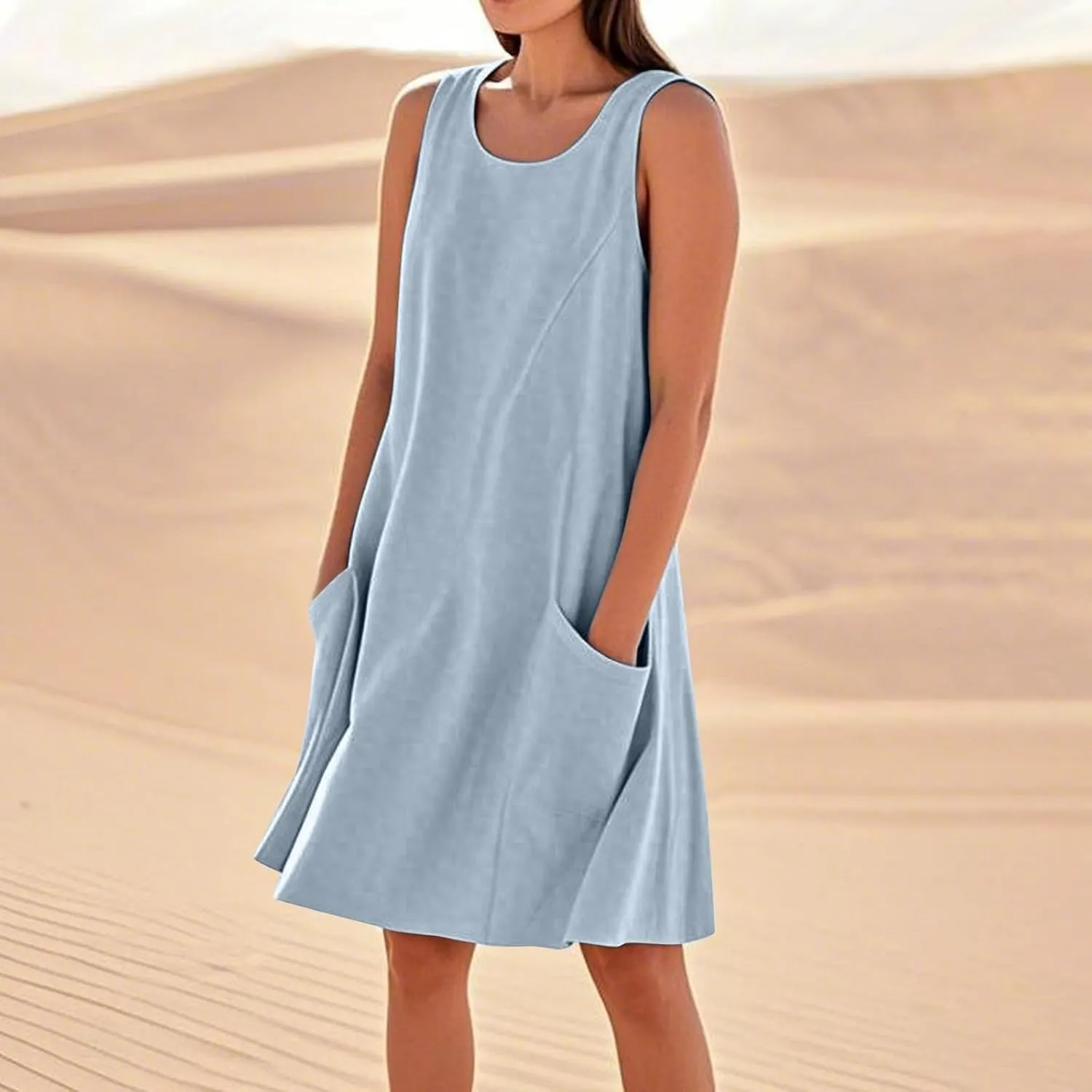 Summer Crinkle Linen Sundress for Women Sleeveless Tank Dress Breathable Beach Wedding Guest & Vacation Dress