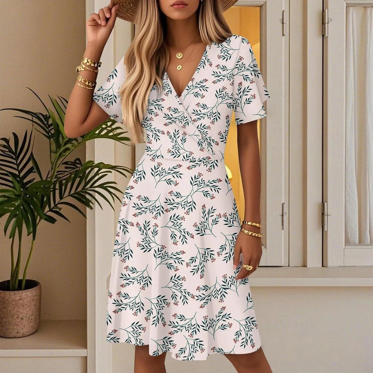 Summer Dress for Women Short Sleeve Warp V Neck Boho Floral Print Casual Ruffled A-Line Flowy Midi Sundress