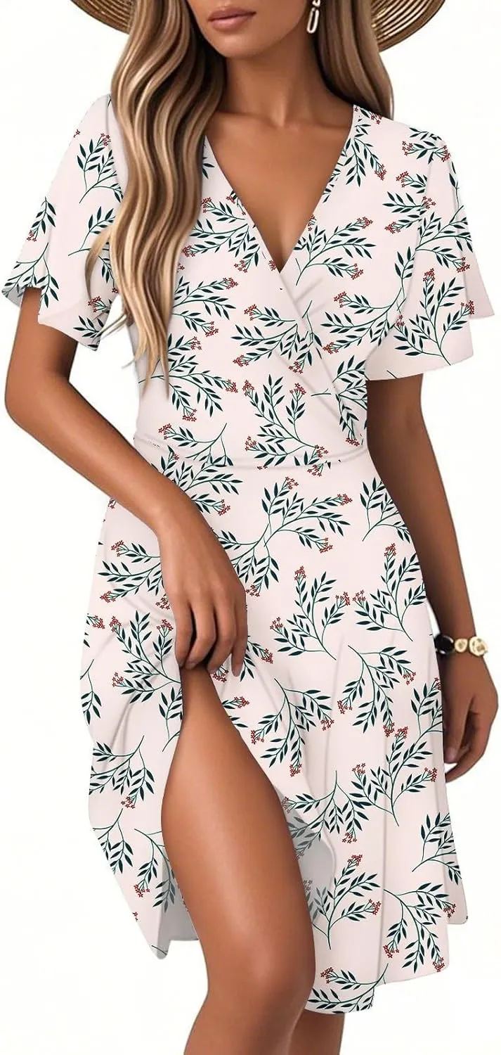 Summer Dress for Women Short Sleeve Warp V Neck Boho Floral Print Casual Ruffled A-Line Flowy Midi Sundress