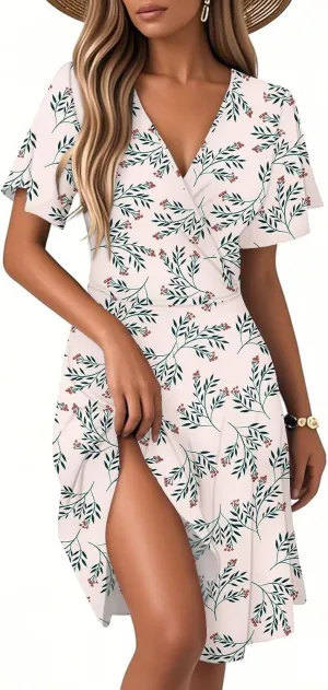 Summer Dress for Women Short Sleeve Warp V Neck Boho Floral Print Casual Ruffled A-Line Flowy Midi Sundress