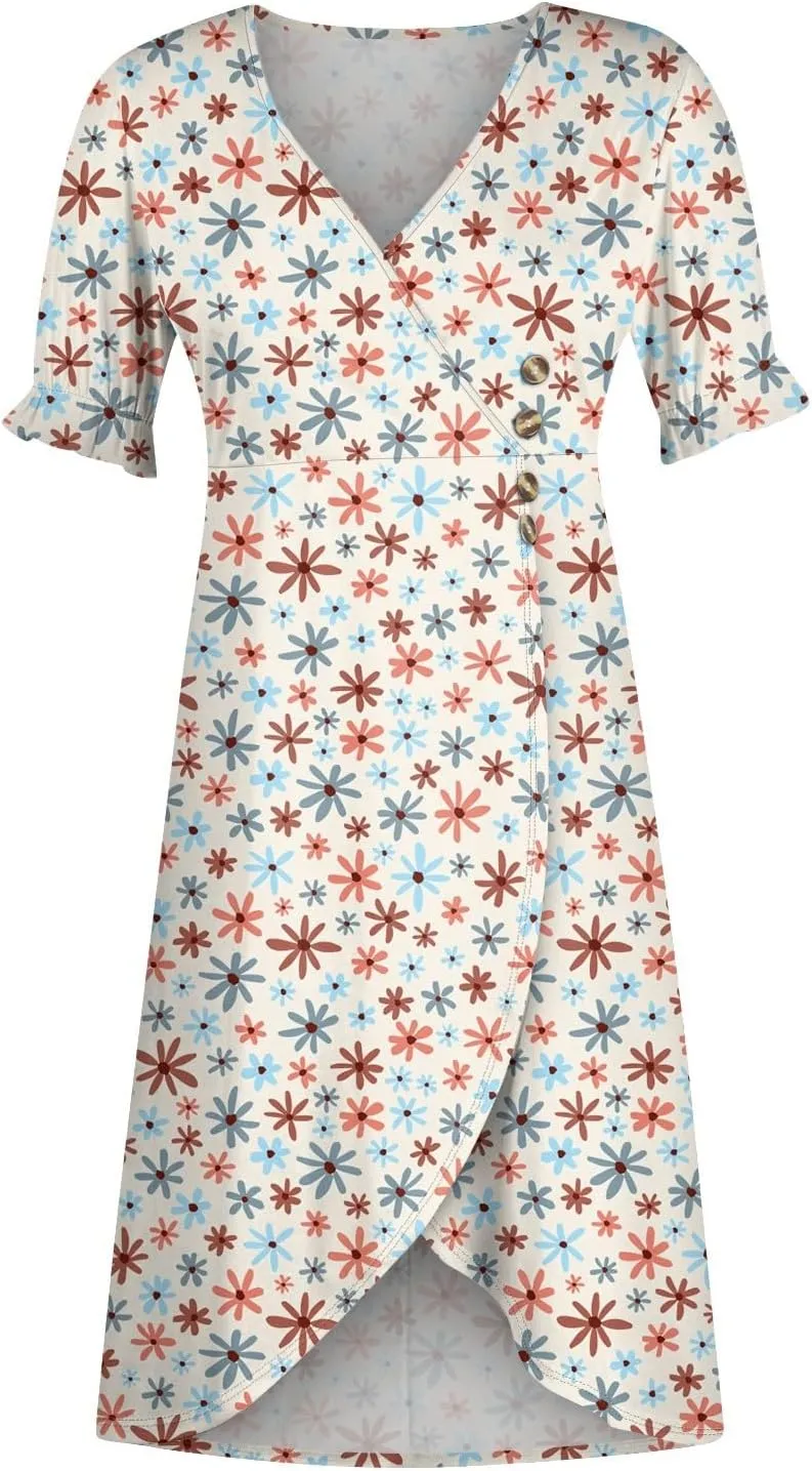 Summer Dresses 2025 Long Sundresses Vacation Ruffled Pleated V Neck Wrap Dress for Women Casual Short Sleeve