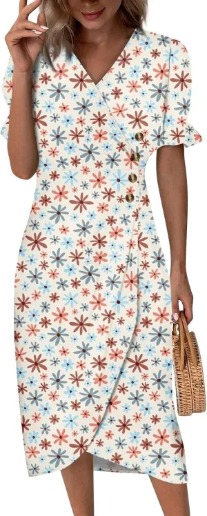 Summer Dresses 2025 Long Sundresses Vacation Ruffled Pleated V Neck Wrap Dress for Women Casual Short Sleeve
