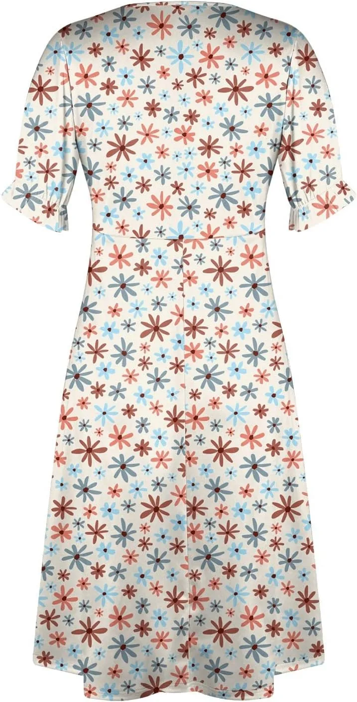 Summer Dresses 2025 Long Sundresses Vacation Ruffled Pleated V Neck Wrap Dress for Women Casual Short Sleeve