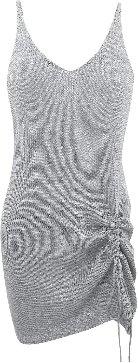 Summer Dresses for Women 2024 Crochet Sleeveless Crew Neck Side Drawstring Beach Sundresses Slim Casual Mini Dress