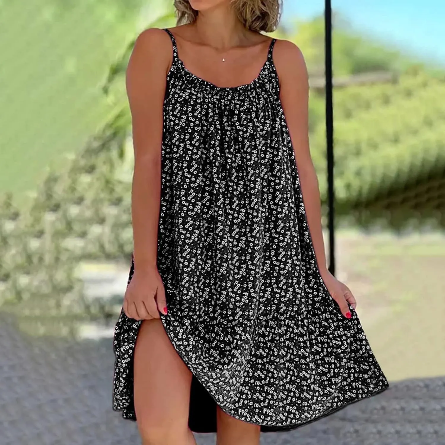 Summer Dresses for Women 2024 Floral Printed Ruffle Hem Spaghetti Sundresses Sleeveless Crewneck Beach Midi Dress