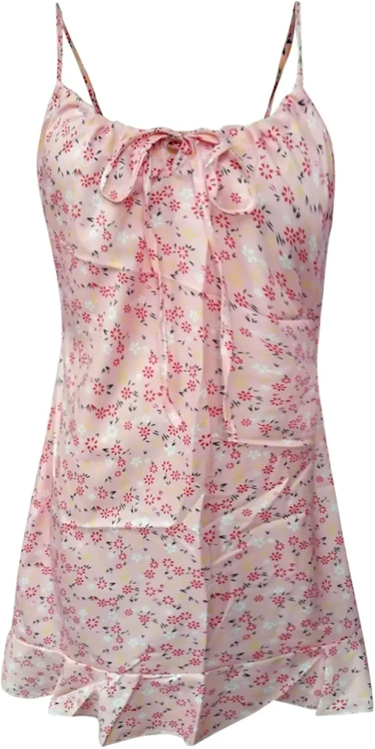 Summer Dresses for Women 2024 Sexy Camisole Sleveless Floral Print Ruched Ruffle Hem Stretch Soft Comfortable Dress