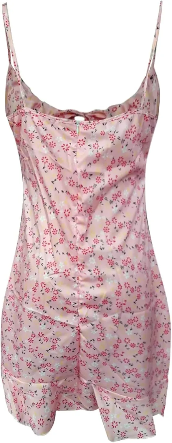 Summer Dresses for Women 2024 Sexy Camisole Sleveless Floral Print Ruched Ruffle Hem Stretch Soft Comfortable Dress
