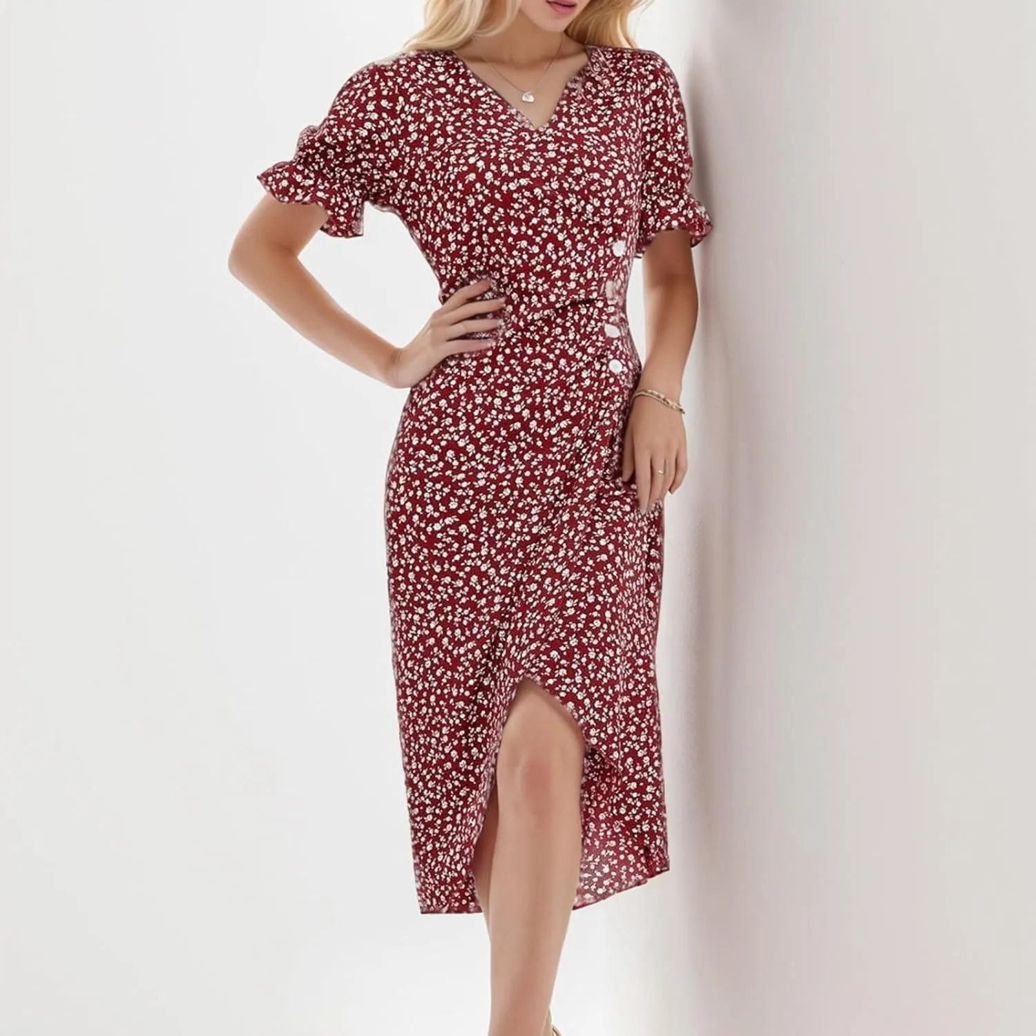 Summer Dresses for Women 2024 Short Sleeve V Neck Wrap Dress Casual Midi Sundresses Sleeve Ruffle Dress Casual Mini Dresses