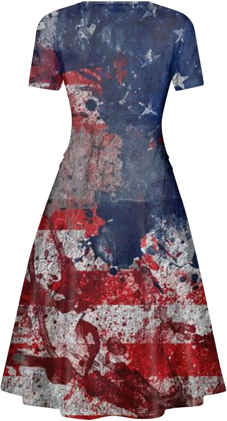 Summer Dresses for Women 2025 4th of July Dress Patriotic American Flag Dress Casual Beach Boho Vintage Midi Dresses