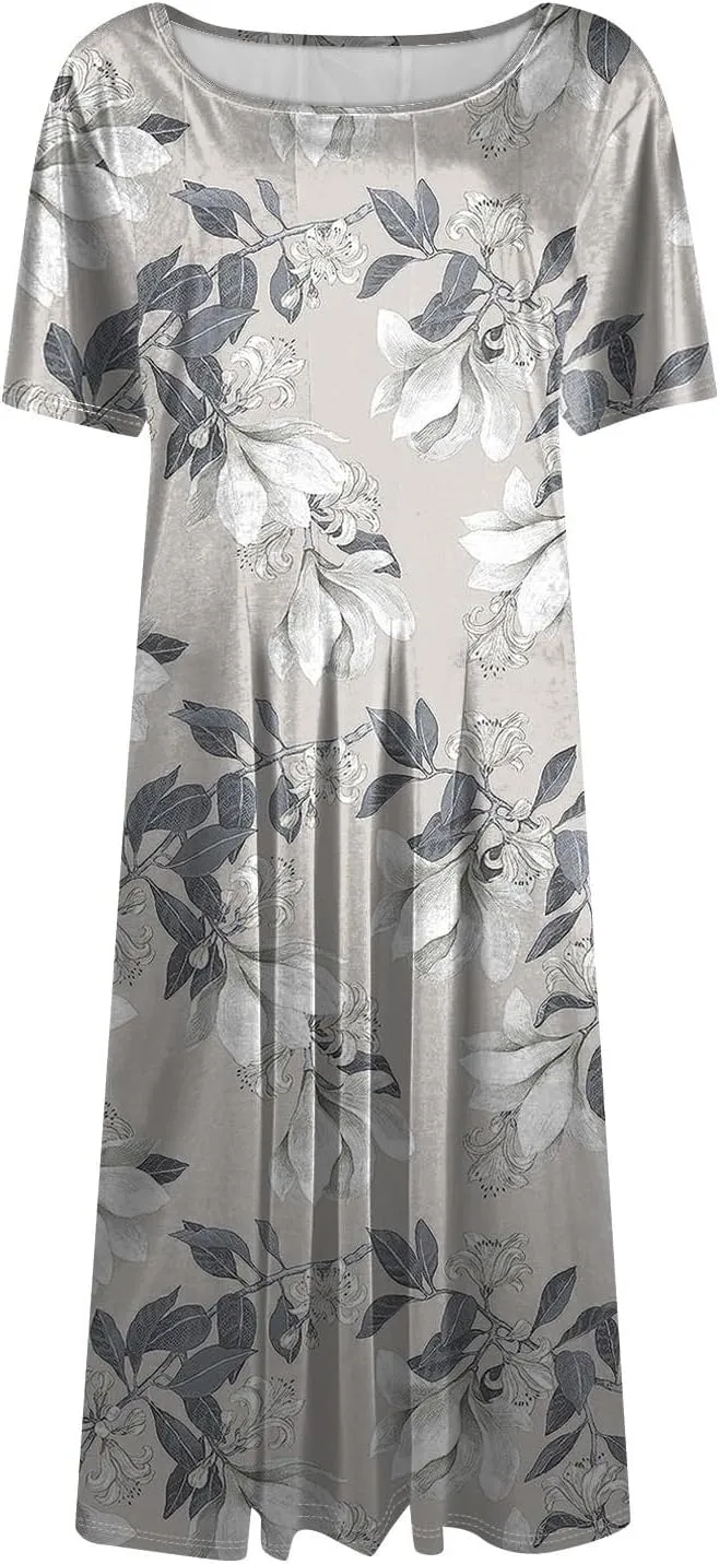 Summer Dresses for Women 2025 Beach Vacation Elegant Crewneck Short Sleeve A Line Dress Side Pockets Midi Sun Dress