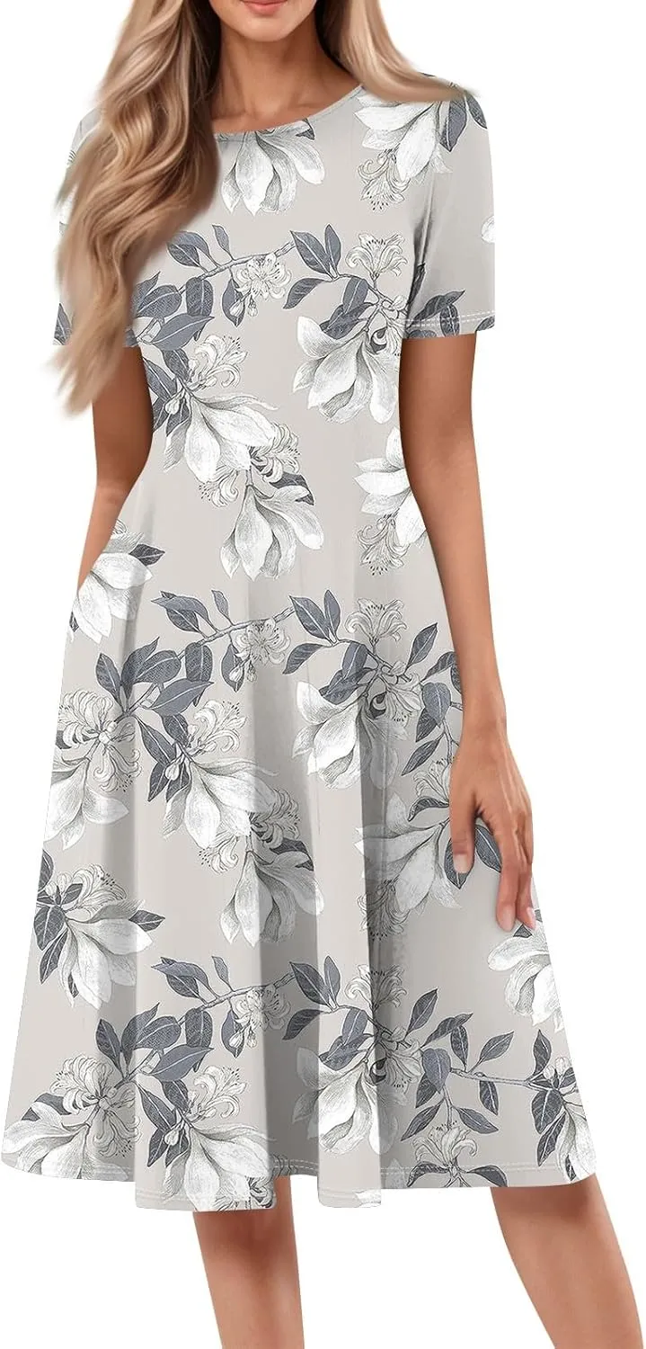 Summer Dresses for Women 2025 Beach Vacation Elegant Crewneck Short Sleeve A Line Dress Side Pockets Midi Sun Dress