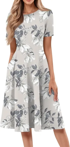Summer Dresses for Women 2025 Beach Vacation Elegant Crewneck Short Sleeve A Line Dress Side Pockets Midi Sun Dress