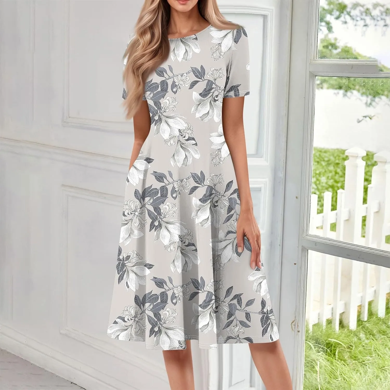 Summer Dresses for Women 2025 Beach Vacation Elegant Crewneck Short Sleeve A Line Dress Side Pockets Midi Sun Dress