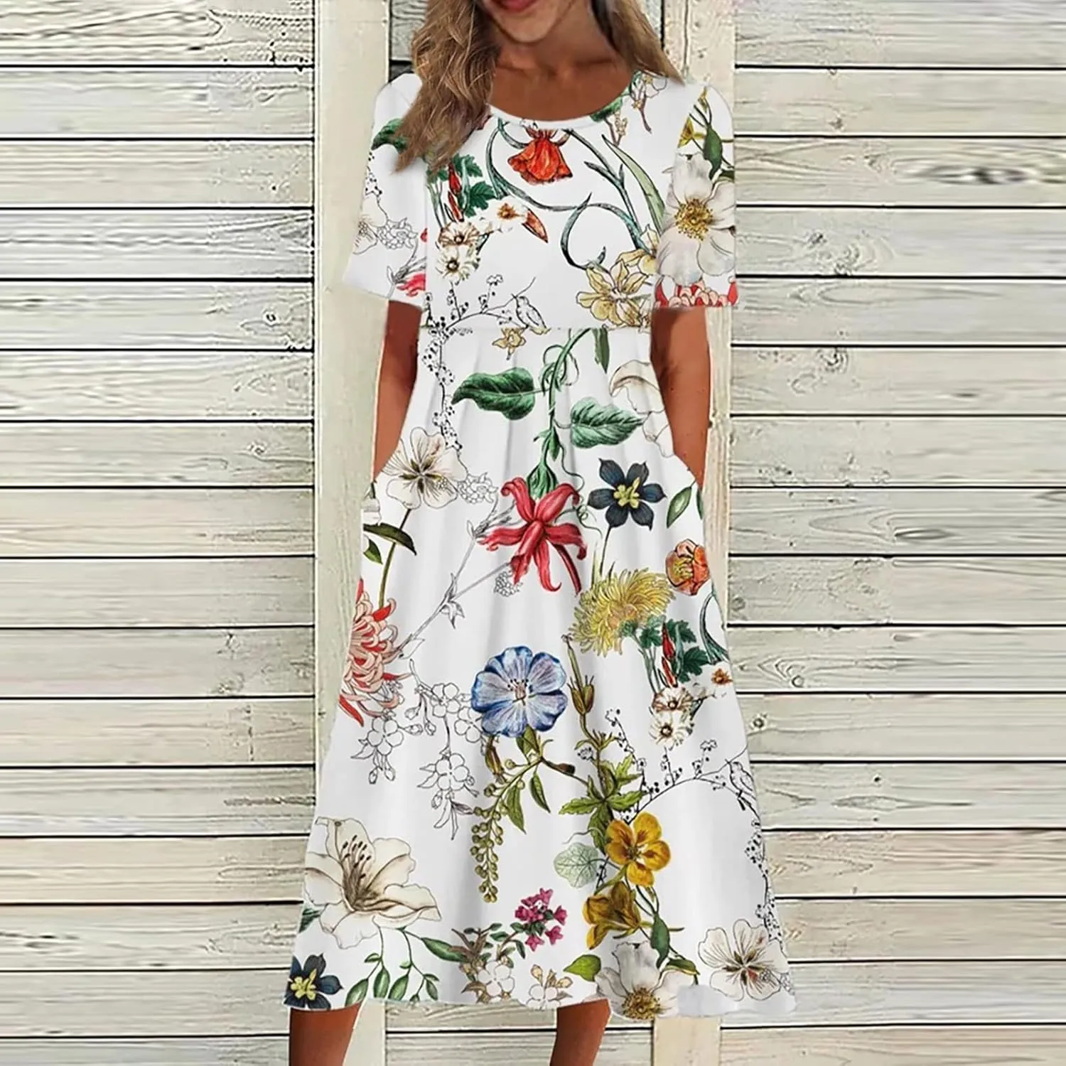 Summer Dresses for Women 2025 Below The Knee Short Sleeve Cover Up Crewneck Print Swing Beach Dress 2025 Boho Tshirt Dress