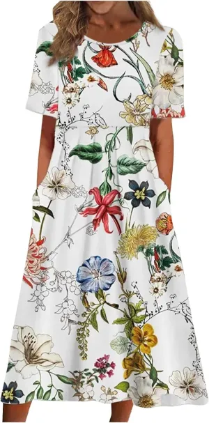 Summer Dresses for Women 2025 Below The Knee Short Sleeve Cover Up Crewneck Print Swing Beach Dress 2025 Boho Tshirt Dress