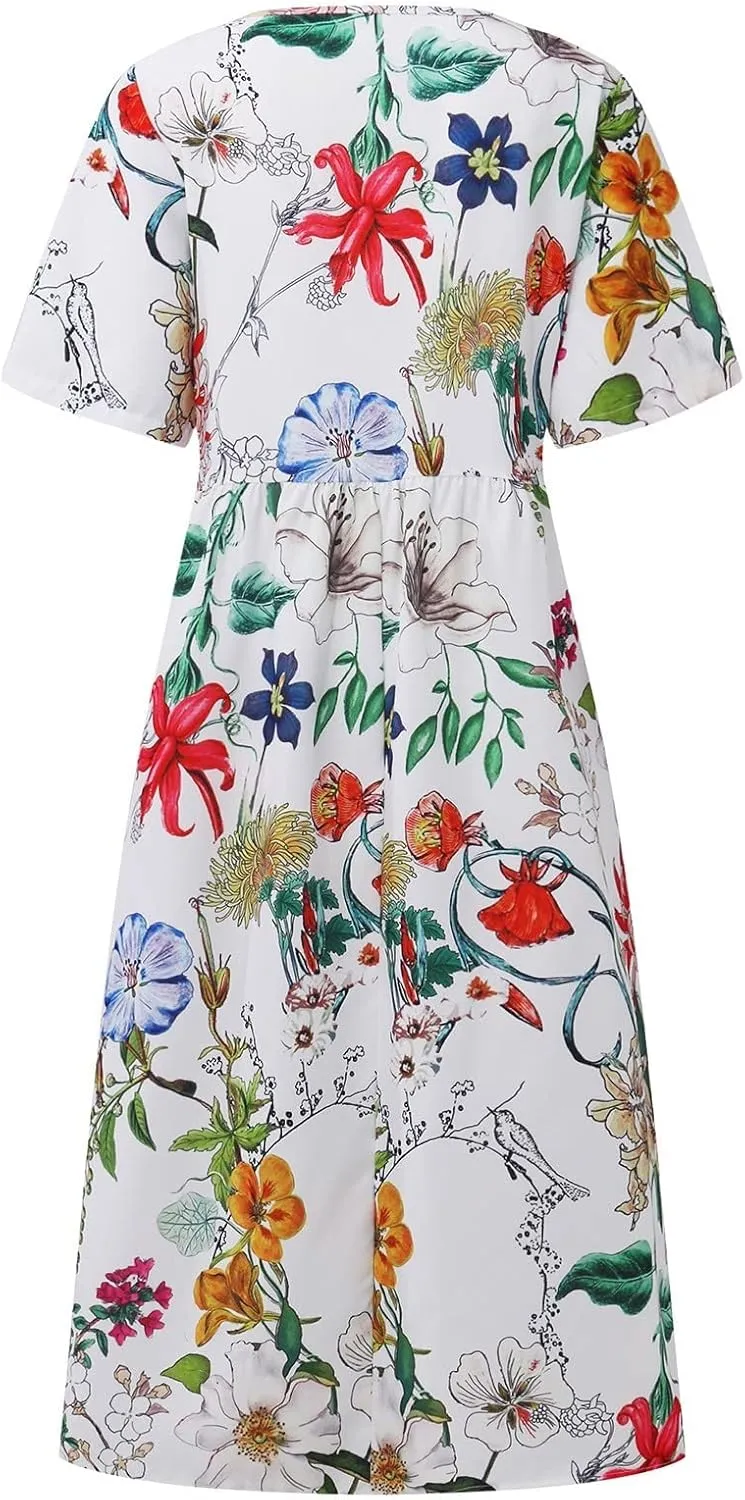 Summer Dresses for Women 2025 Below The Knee Short Sleeve Cover Up Crewneck Print Swing Beach Dress 2025 Boho Tshirt Dress