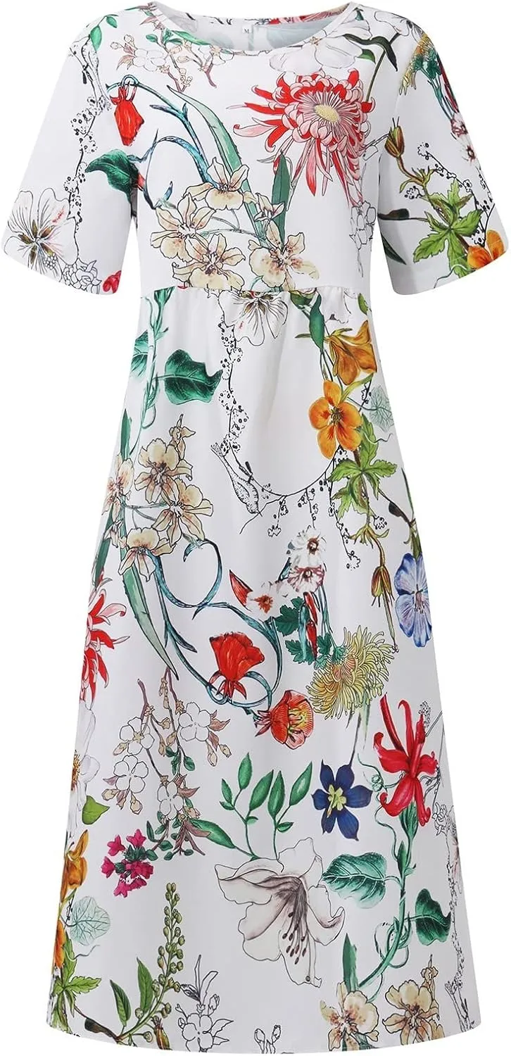 Summer Dresses for Women 2025 Below The Knee Short Sleeve Cover Up Crewneck Print Swing Beach Dress 2025 Boho Tshirt Dress