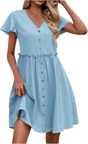 Summer Dresses for Women 2025 Casual Short Sleeve Beach Dress Fashion Loose Fit Crew Neck Solid Color Sundress