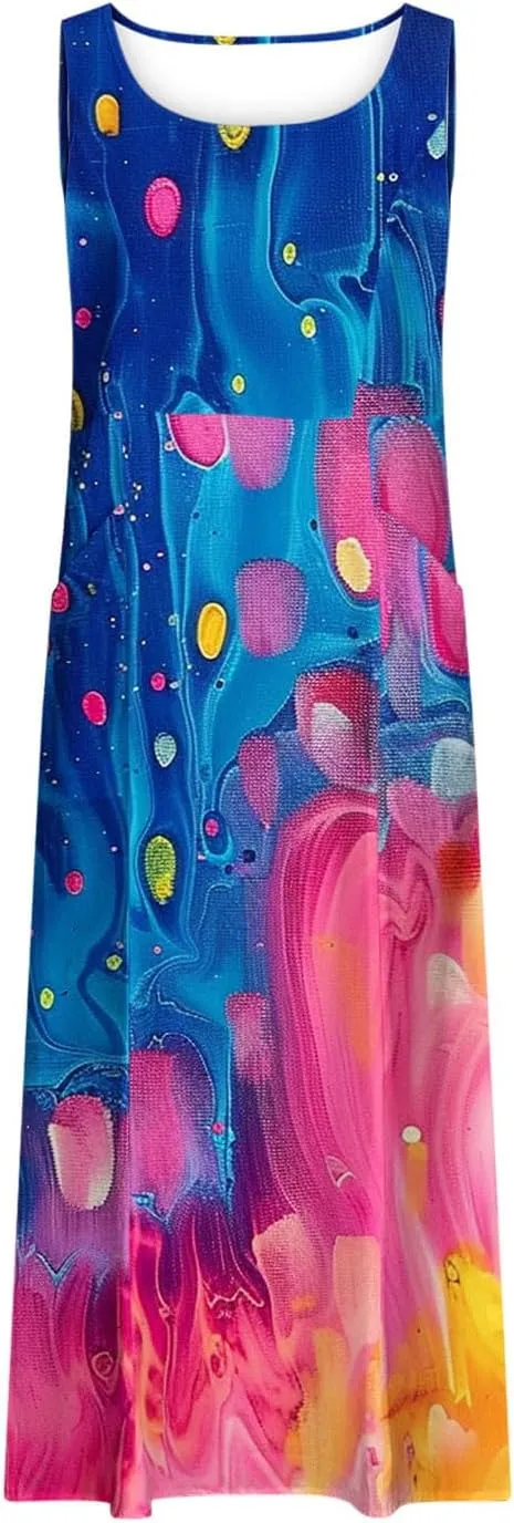 Summer Dresses for Women 2025 Cotton Linen Maxi Tank Dress Fashion Floral Beach Sundresses Spring Boho Outfits with Pockets