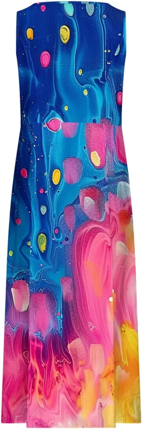 Summer Dresses for Women 2025 Cotton Linen Maxi Tank Dress Fashion Floral Beach Sundresses Spring Boho Outfits with Pockets