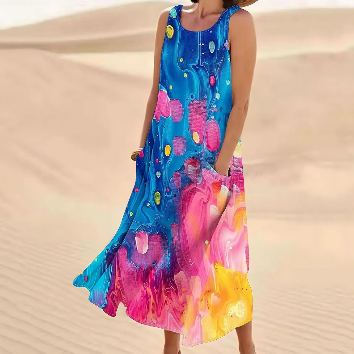 Summer Dresses for Women 2025 Cotton Linen Maxi Tank Dress Fashion Floral Beach Sundresses Spring Boho Outfits with Pockets