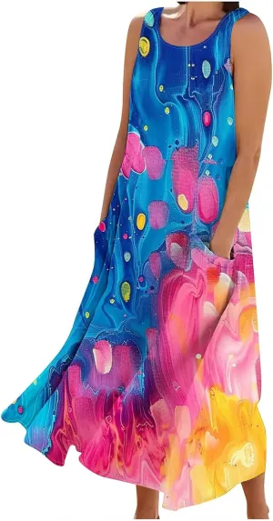 Summer Dresses for Women 2025 Cotton Linen Maxi Tank Dress Fashion Floral Beach Sundresses Spring Boho Outfits with Pockets