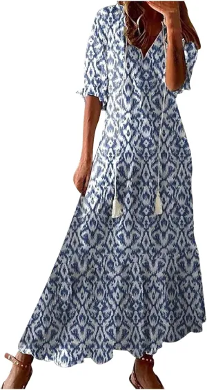 Summer Dresses for Women 2025 Half Sleeve V Neck Boho Floral Maxi Dresses Flowy Casual Ruffle Tiered Beach Sundress
