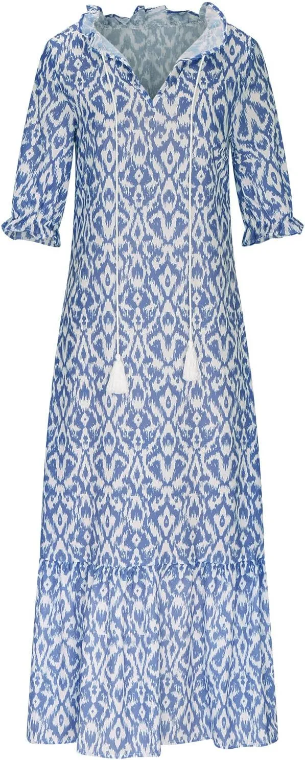 Summer Dresses for Women 2025 Half Sleeve V Neck Boho Floral Maxi Dresses Flowy Casual Ruffle Tiered Beach Sundress