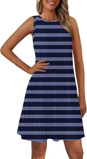 Summer Dresses for Women 2025 Loose Beach Vacation Casual Crew Neck Casual Boho Dress Sleeveless Sundresses with Pockets